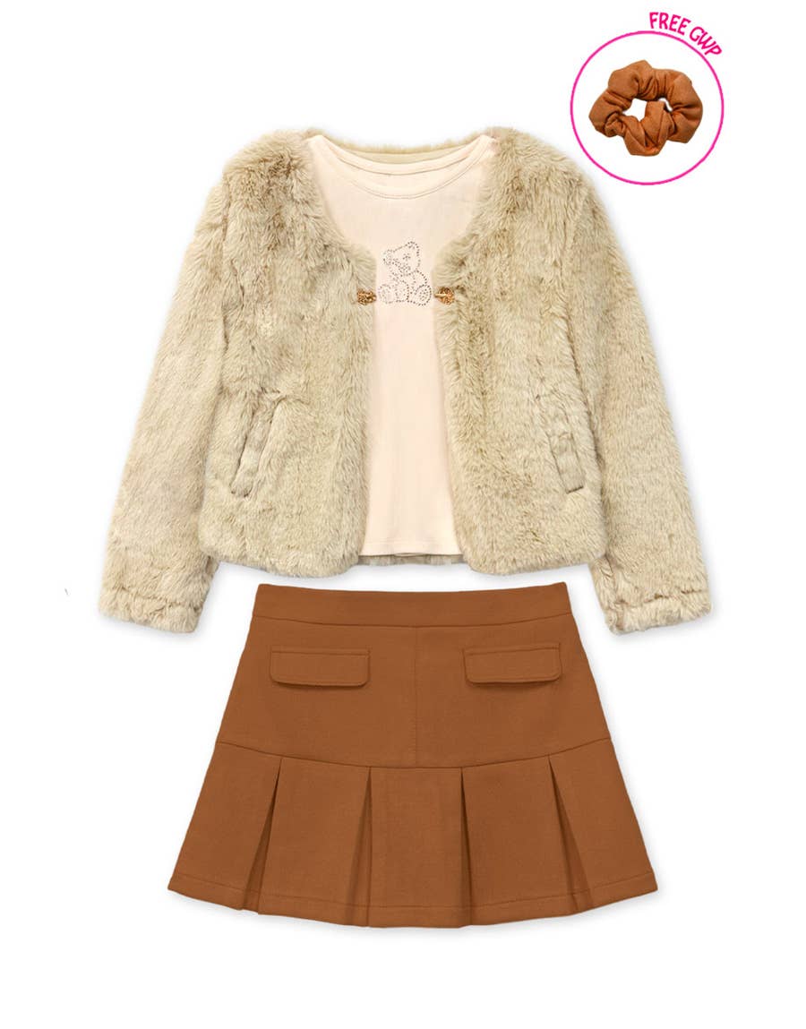 Cutie Patootie Clothing -Girls 3 pc Fur Jacket + Suede Skirt Set: Mocha/Caramel