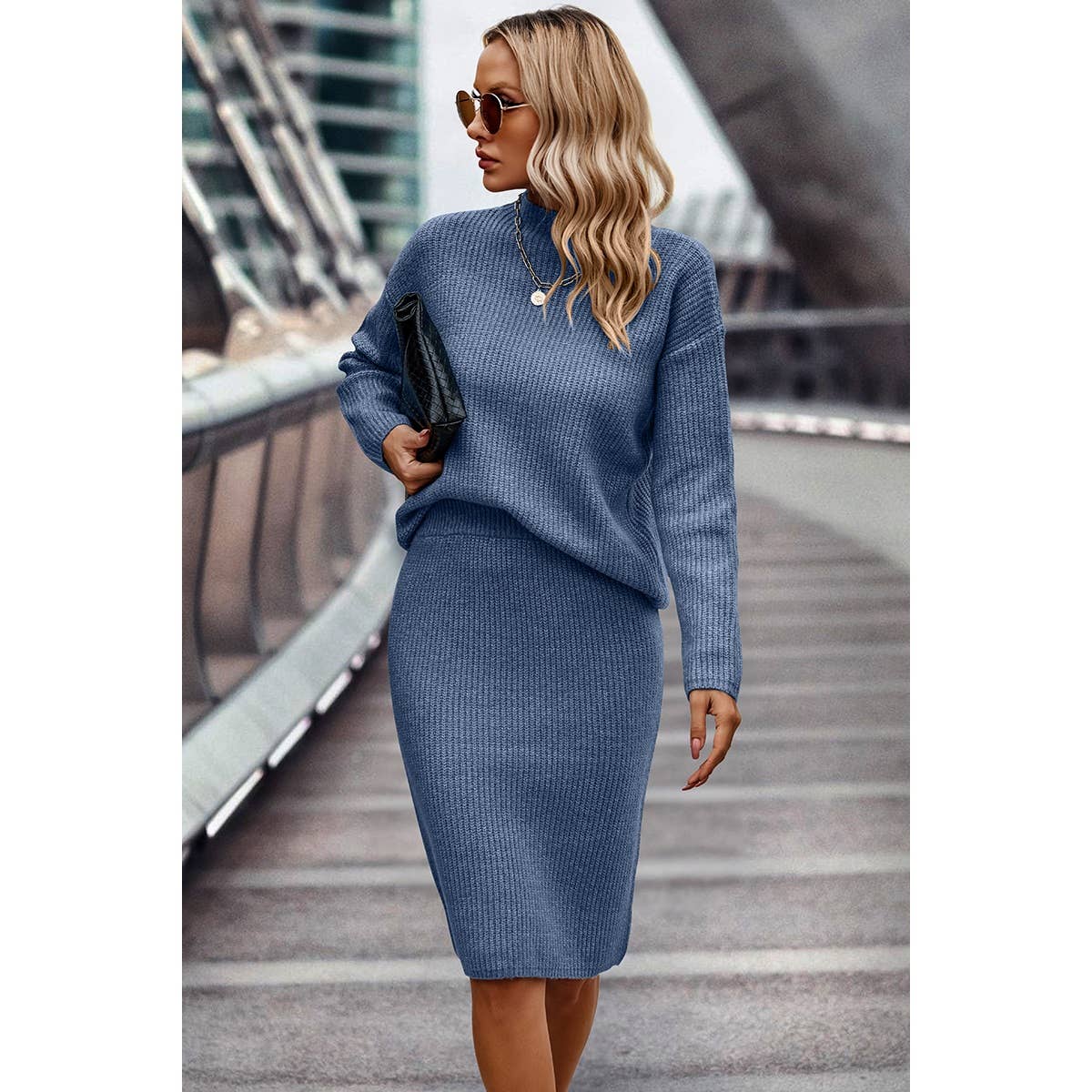 Two Piece Solid Thick Knit Loose Wrap Dress Sets: