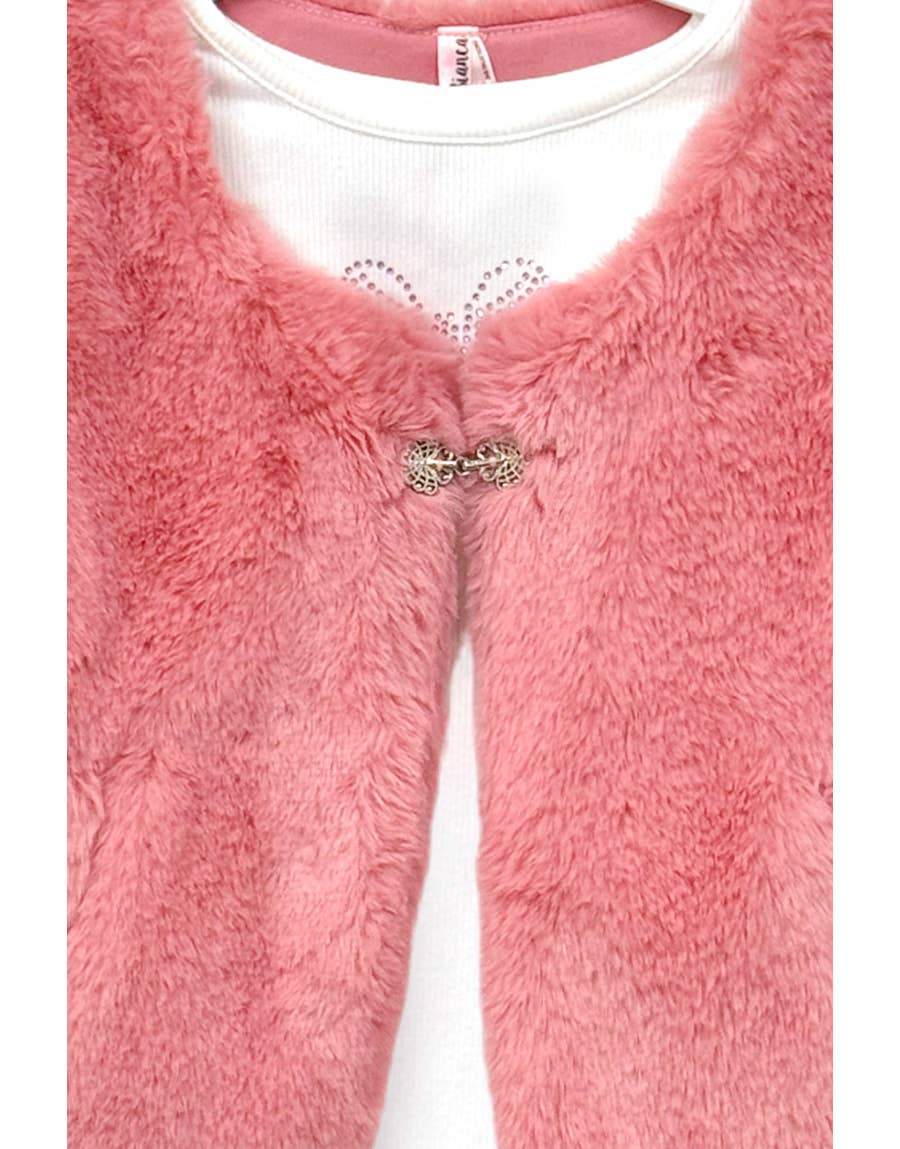 Cutie Patootie Clothing - Toddler 3 pc Fur Jacket + Suede Skirt Set: Blush Pink 2T-6T