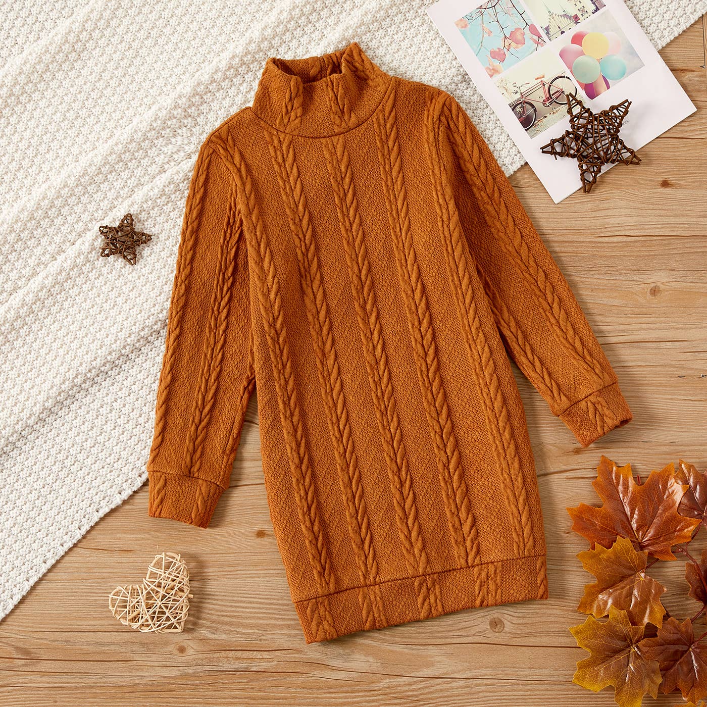 Kid Girl Solid Cable Knit Textured Mock neck Sweater Dress