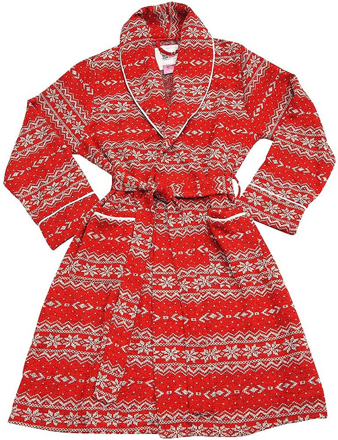 Ladies Long Sleeve Fleece Robe: Red Fair Isle Sweater Fleece