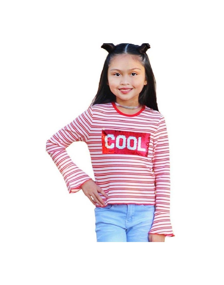 Big Girl's Stripe Knit Top w/ 'Cool' Sequins-Pink