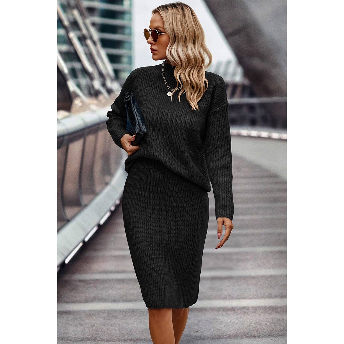 Two Piece Solid Thick Knit Loose Wrap Dress Sets: