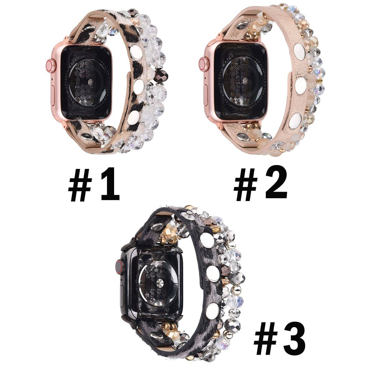 Leopard Calf Leather and Crystal Apple Watch Band