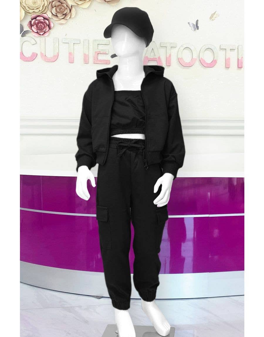 Girl's 3 pc Active Set w/ Zip Up Hoodie : Black