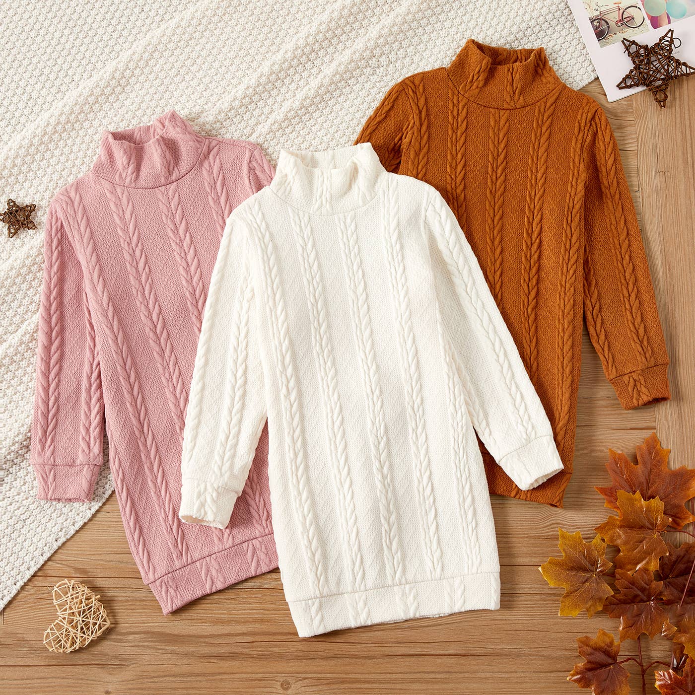 Kid Girl Solid Cable Knit Textured Mock neck Sweater Dress