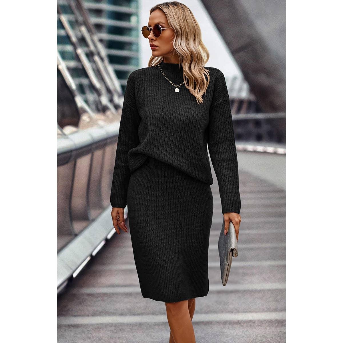 Two Piece Solid Thick Knit Loose Wrap Dress Sets: