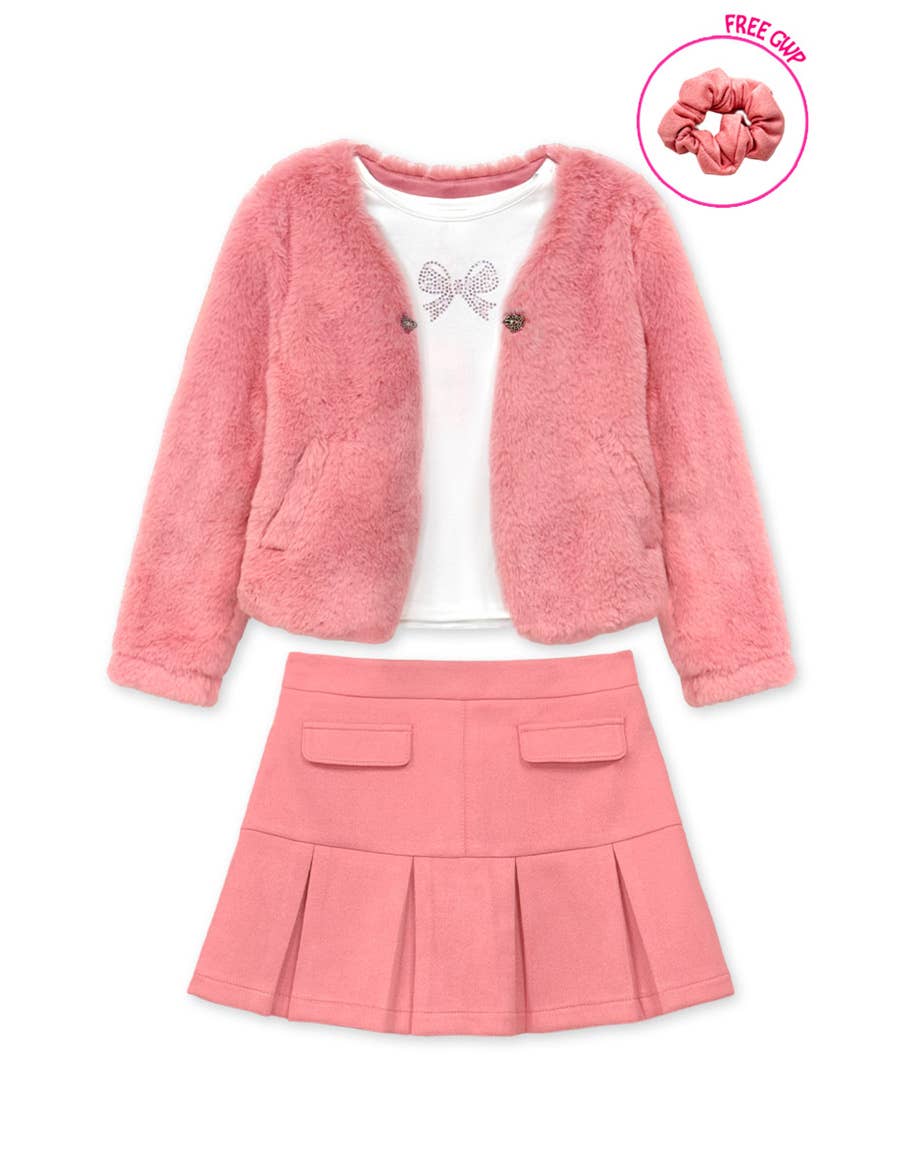 Cutie Patootie Clothing - Toddler 3 pc Fur Jacket + Suede Skirt Set: Blush Pink 2T-6T