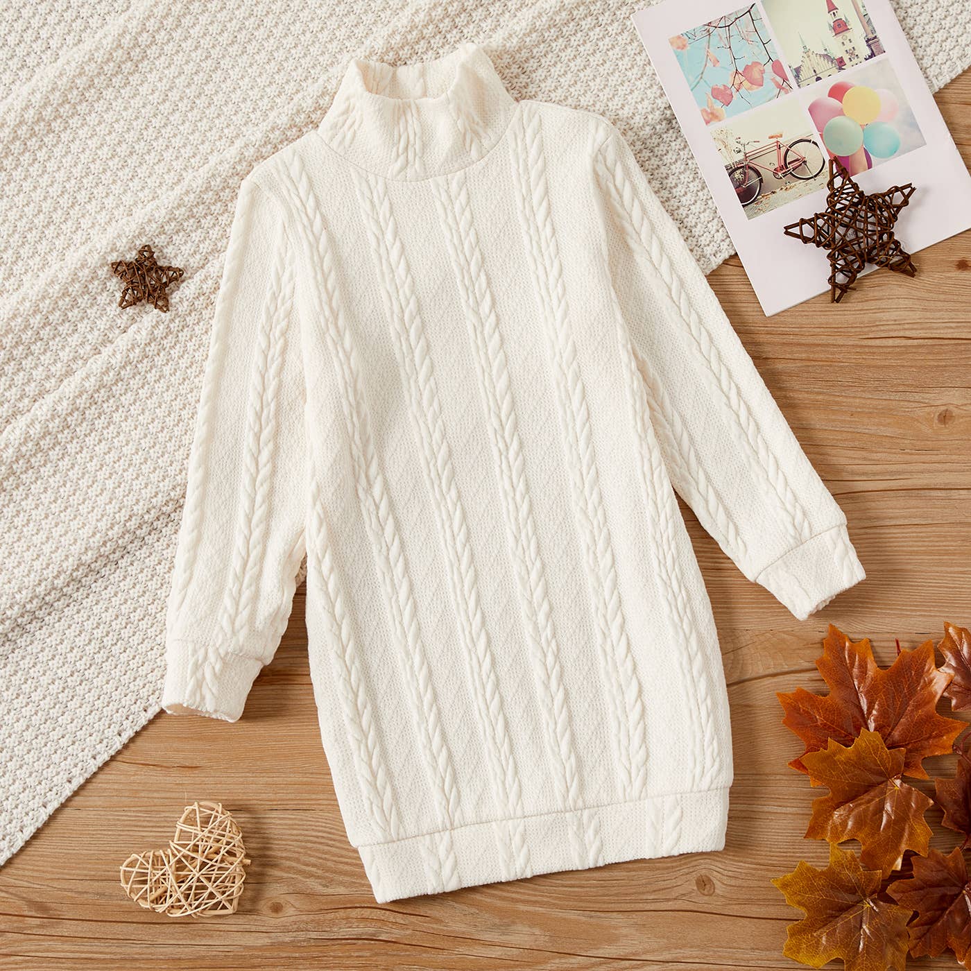 Kid Girl Solid Cable Knit Textured Mock neck Sweater Dress