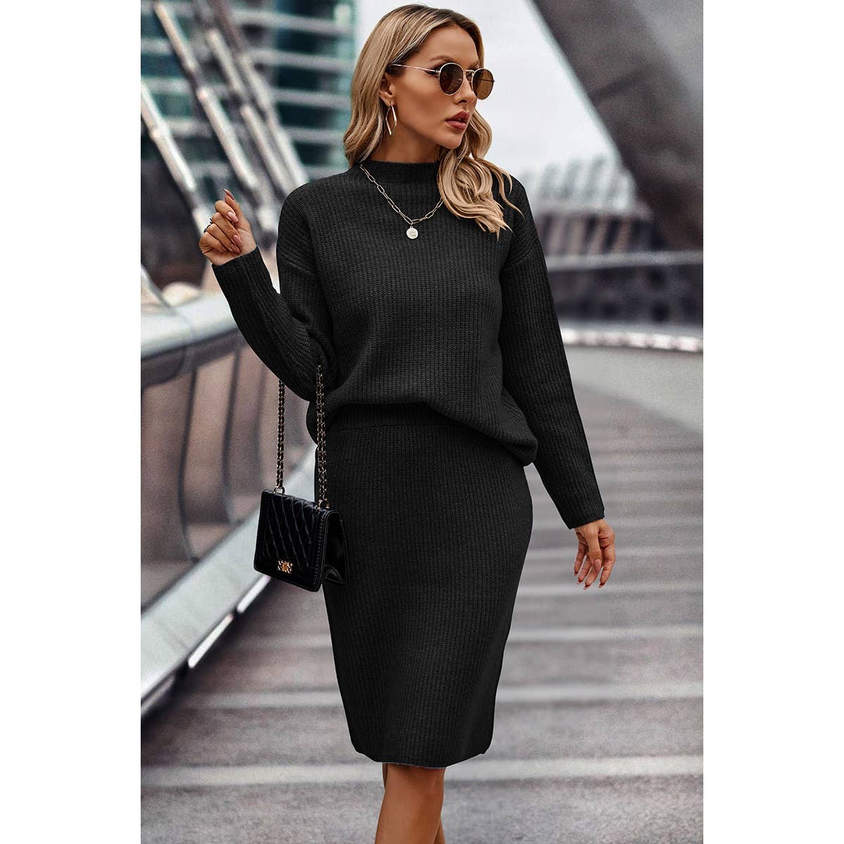 Two Piece Solid Thick Knit Loose Wrap Dress Sets: