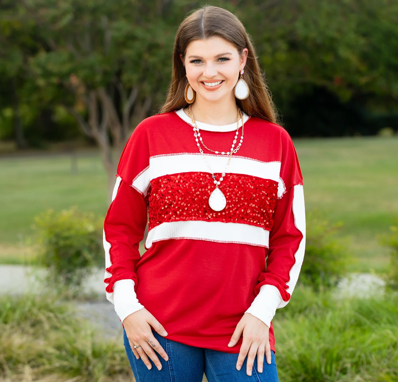 Red & White Sequins Detail Top