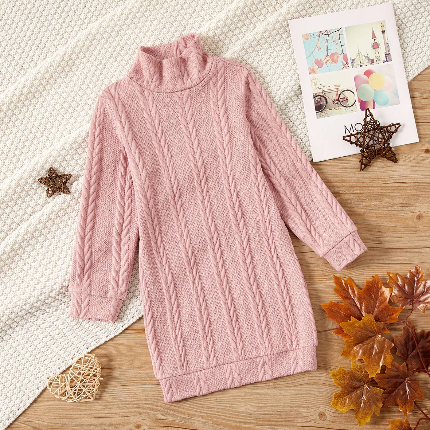 Kid Girl Solid Cable Knit Textured Mock neck Sweater Dress