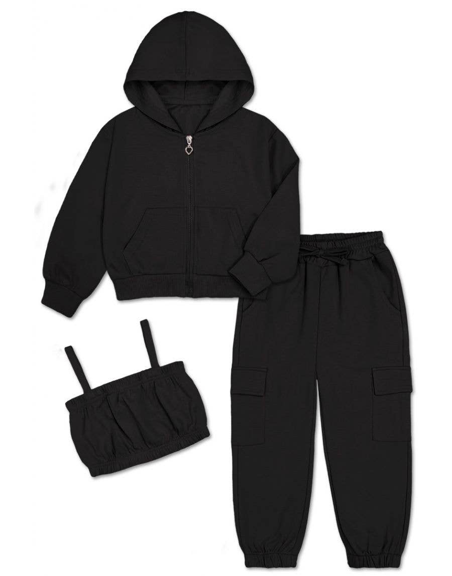 Girl's 3 pc Active Set w/ Zip Up Hoodie : Black