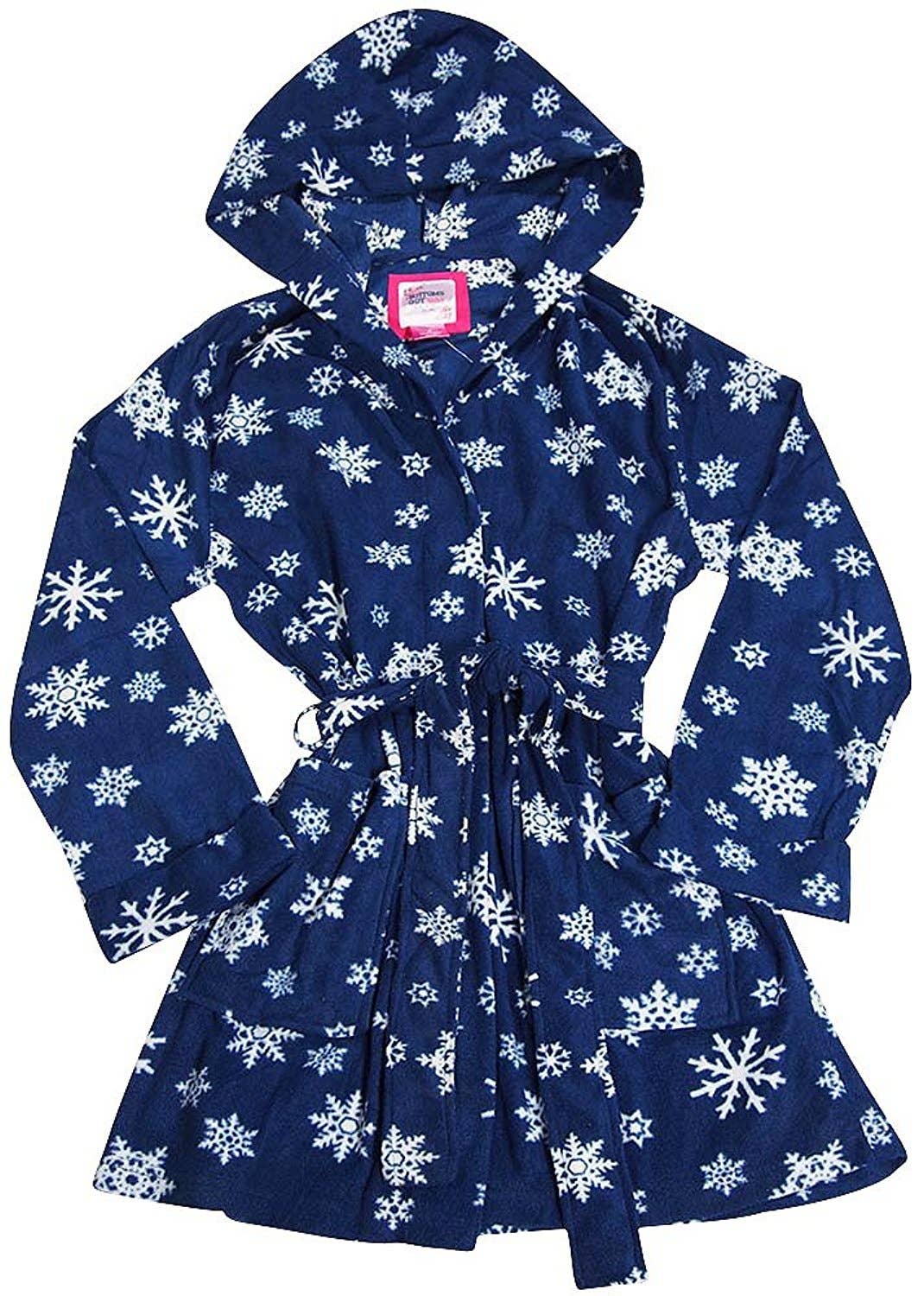 Ladies Long Sleeve Fleece Robe: Navy Snowflake Microfleece