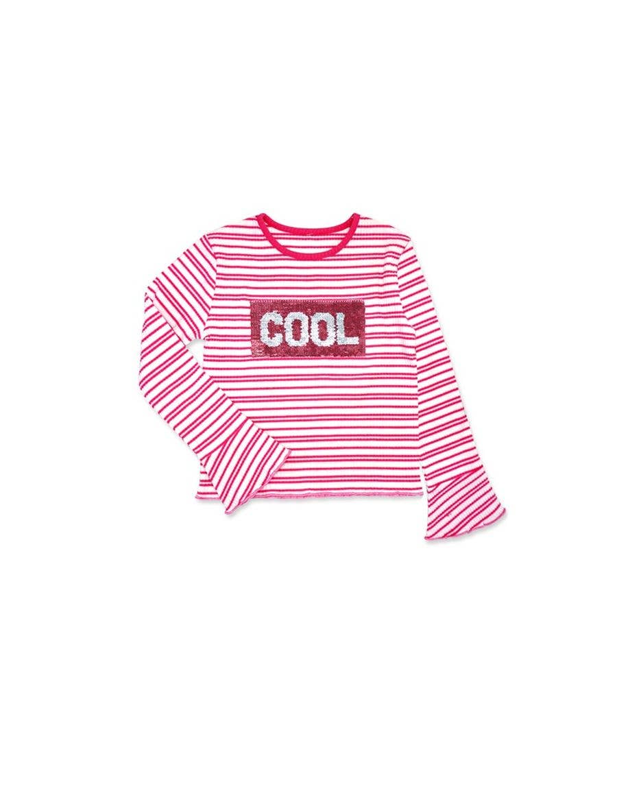 Big Girl's Stripe Knit Top w/ 'Cool' Sequins-Pink
