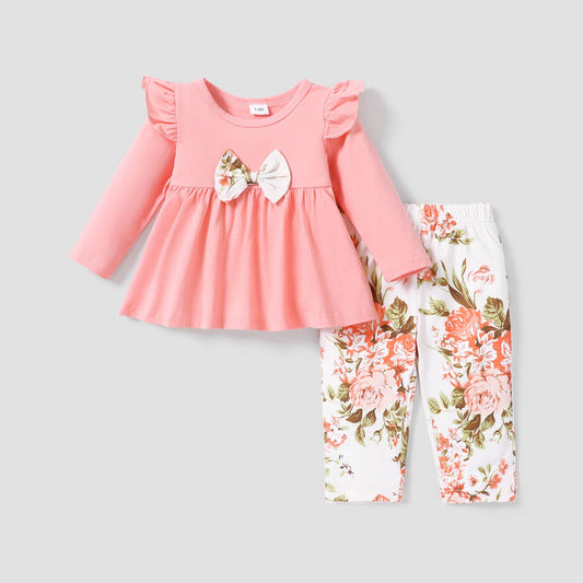 2pcs Baby Bowknot Top All Over Trousers Set