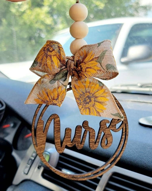 Nurse Rear View Mirror Car Charm Ornament: Tan Sunflower